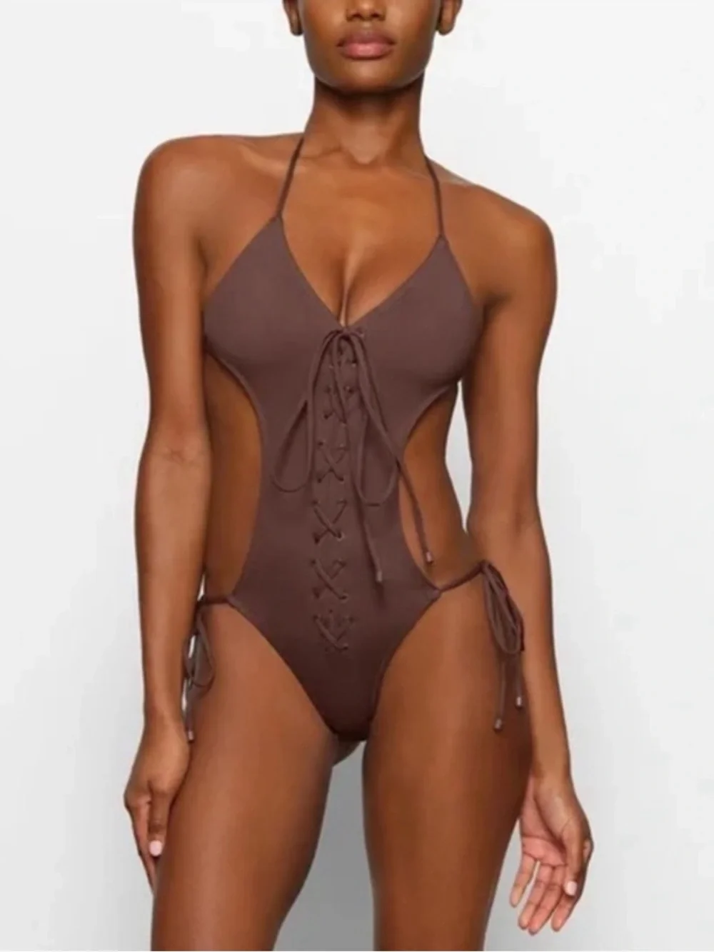 SKIMS Rare Lace Up Monokini XXS Cocoa NWOT